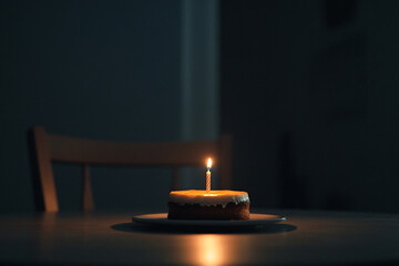 Birthday cake with a single candle glowing softly on a dark table