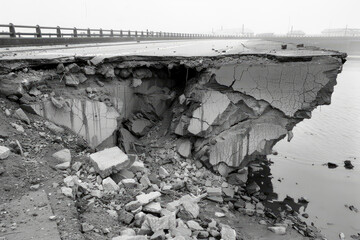 A damaged road has collapsed, exposing its underlying structure and the magnitude of destruction after a natural disaster, emphasizing the fragility of infrastructure.