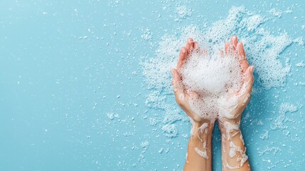 Hands holding bubbles over a blue background, symbolizing cleanliness, freshness, and joy in everyday activities like washing or bathing.