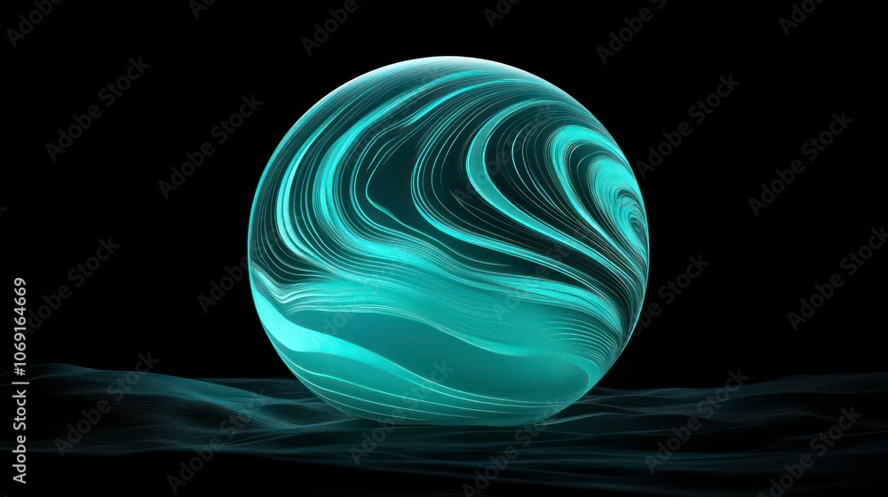 Poster a translucent sphere with swirling patterns, set against a dark background.