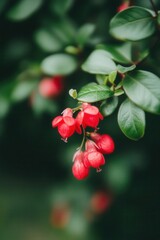 Fototapeta premium Close-up of vibrant red fuchsia flowers on a lush green plant