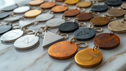 A close-up of minimalist metal keychains, featuring geometric shapes like circles, triangles, and rectangles, engraved with simple designs or initials