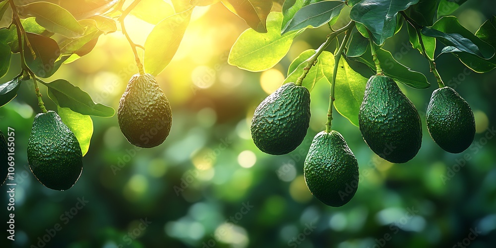 Poster cluster of ripe avocados on branch drenched in sunlight in green orchard : generative ai