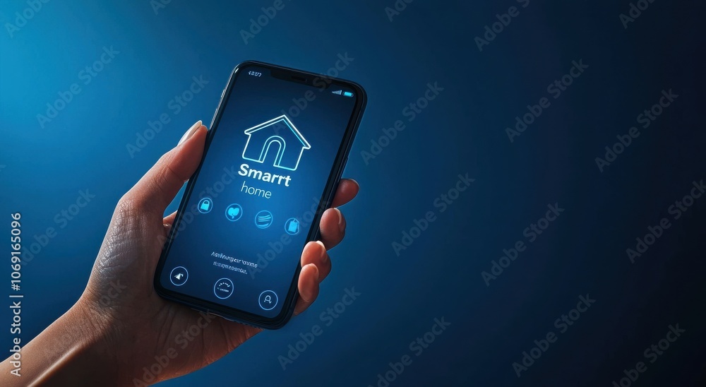 Poster hand holding smartphone displaying smart home app interface