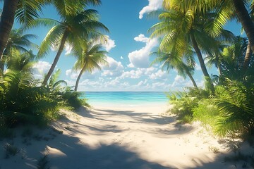 Obraz premium Palm Trees Frame Sun-Kissed White Sand Beach