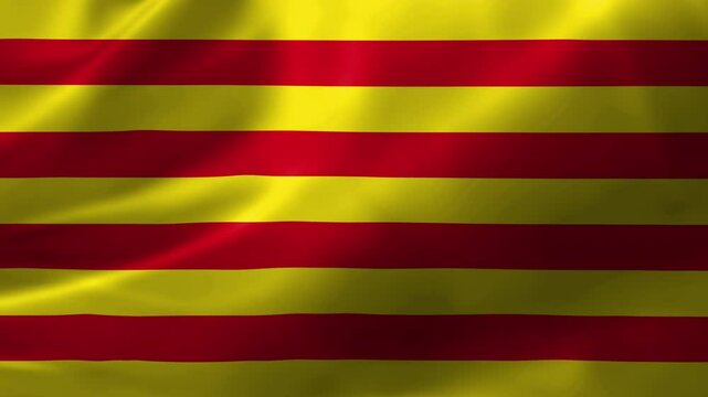 High-quality 3D video of the Catalonia flag waving smoothly from left to right with vibrant colors, perfect for visuals on Catalan culture, independence, and regional pride