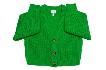 Casual elegant fluffy long-sleeved cardigan with V-neck and button closure isolated on a white background. Womens green sweater or jumper. Autumn and winter fashion.