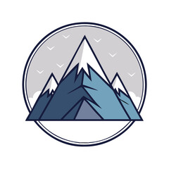 Mountain Range Icon with Snow Caps and Birds, Illustration of a mountain range with snow-capped peaks, birds, and circular frame, symbolizing nature, adventure, and exploration, ideal for travel and o