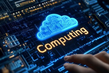 Finger pointing at computing cloud icon symbolizing digital processing virtual computing and secure data management in cloud based networks