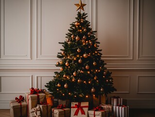 Traditional Christmas Tree with Wrapped Gifts Under Soft Glowing Lights : Generative AI
