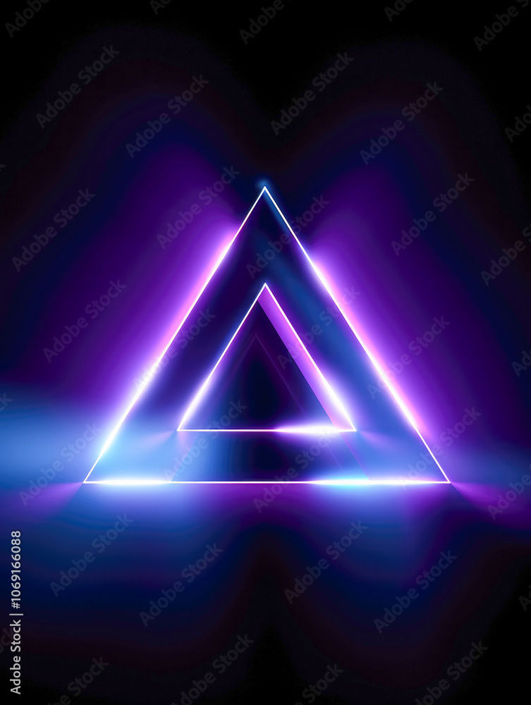 Poster a series of nested neon triangles creating an illusion of depth and dynamic movement, against a blac
