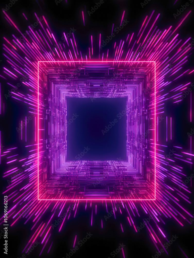 Poster an intriguing neon square tunnel adorned with dynamic swirling light trails creates an immersive exp