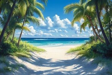 Palm Trees Frame White Sandy Path to Turquoise Ocean