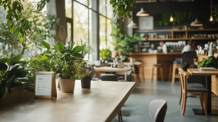 Obraz premium Inviting Cafe Space with Natural Greenery and Modern Decor