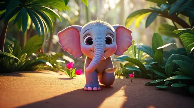 A cute cartoon elephant walking through a vibrant jungle path, surrounded by lush greenery.