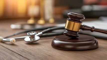 Gavel and Stethoscope on a Wooden Table