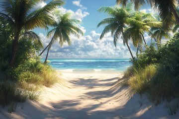 Obraz premium Palm Trees Framing a Lush Tropical Beach Path