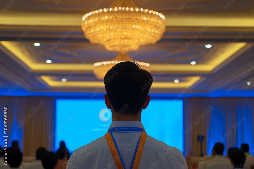 Poster businessman facing audience at tech conference symbolizing cloud technology data sharing and innovat