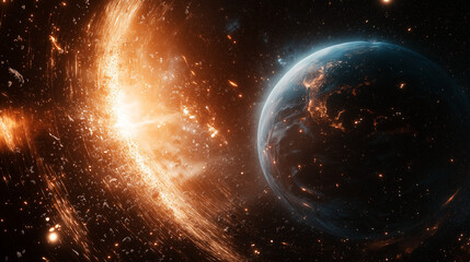 Obraz premium Cosmic Dance: A celestial spectacle unfolds, a blazing nebula swirling around a vibrant blue planet, a mesmerizing collision of fire and ice in the vast expanse of space. 