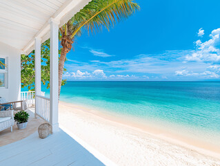 Tropical Beachfront Paradise:  A serene escape with breathtaking views of the turquoise ocean and pristine white sand beach.  Palm trees sway gently in the breeze.