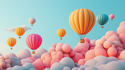Vibrant Hot Air Balloons Drifting Amidst Soft Colorful Clouds in Sunny Horizon : Generative AI