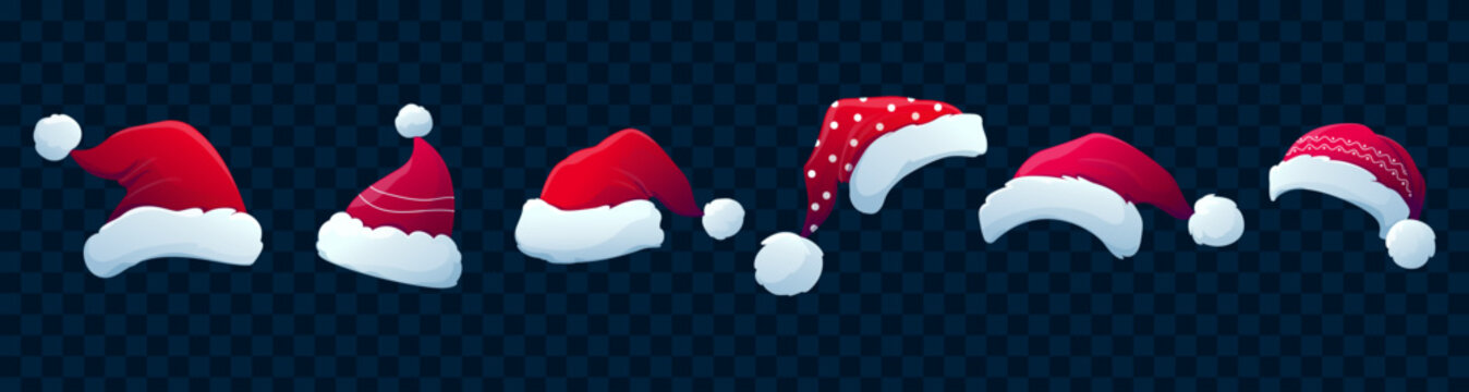 Set of New Year's Santa hats. Hand drawn vector illustration. Red hats with fur and ponpons on a dark background for design.