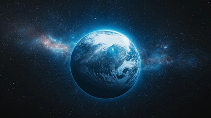Obraz premium Celestial Earth: A stunningly vibrant Earth, radiating with an otherworldly blue glow, stands out against the vast, star-dusted expanse of space.