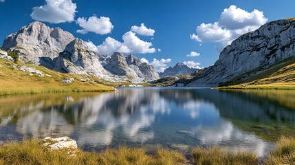 A tranquil lake nestled among towering mountains reflects the clear blue sky and fluffy white clouds, creating a serene and picturesque landscape.