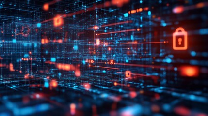 Abstract digital landscape depicting data security and connectivity with glowing elements.