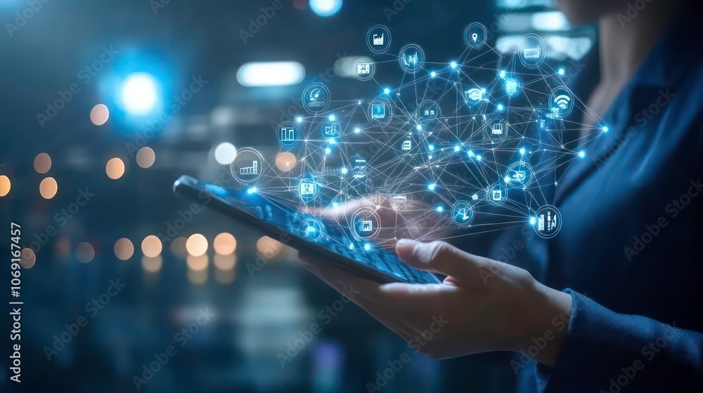 Poster a person interacts with a tablet displaying digital network connections and icons.