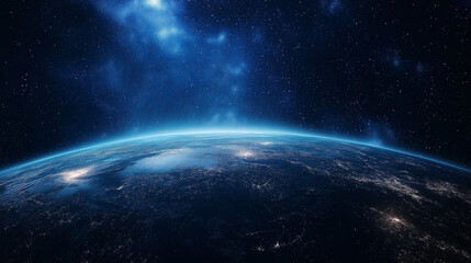 Obraz premium Earth's Glow: A mesmerizing view of planet Earth from space, with a radiant blue glow illuminating the night sky and city lights twinkling below.
