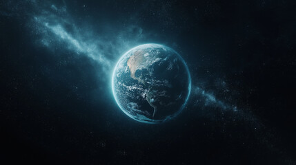 Fototapeta premium Earth in the Cosmic Sea: A mesmerizing digital rendering of Earth, bathed in ethereal blue light, suspended in the vast expanse of space.