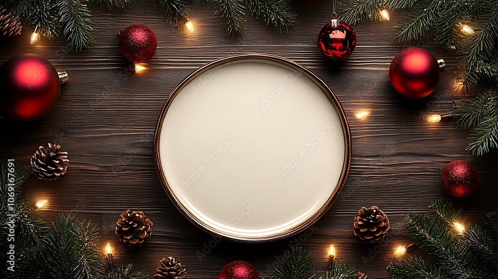 Poster minimalist holiday table design with pinecones fir branches and red accents : generative ai