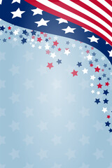 Fototapeta premium US holiday background Copy space banner USA waving flags Festive design Billboard template United States of America Patriotic template Confetti Stars and stripes Vertical flyer