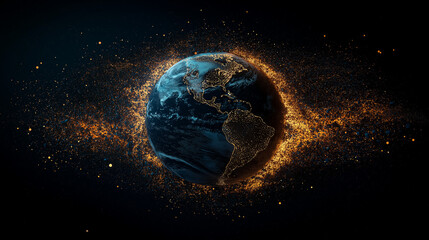 Obraz premium Fiery Earth: A dramatic, stylized depiction of planet Earth engulfed in a fiery, particle-like aura, suggesting themes of global change, energy, or cosmic power. 