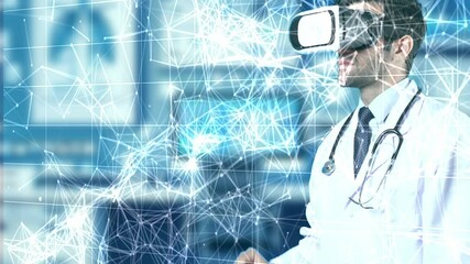 Skilled medical worker checking at brain hologram by wearing VR headset. Professional doctor pointing and looking at human organ and brain wave holographic while using virtual reality. Apparatus.