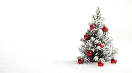 Small snow-covered Christmas tree with red baubles