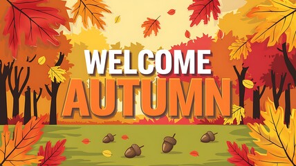 Welcome Autumn Illustration with Trees, Leaves, and Acorns
