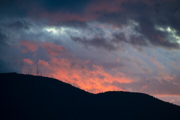 Blazing sky illuminates Mt. Constitution on the highest point in the San Juan Islands of Washington...