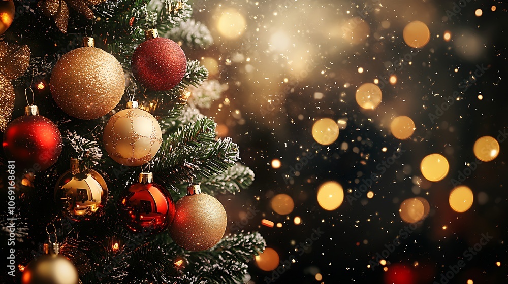 Poster Glittering Christmas Tree with Red and Gold Baubles Illuminated by Warm Bokeh Lights Creating a Magical Atmosphere : Generative AI