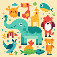 set of animals fish elephant