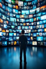 Businessman Monitoring Global News and Data on a Massive Video Wall in Dark Control Room