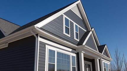 Obraz premium Modern Architectural Design of Grey House with White Window Frames and Gable Roof Accentuated by Clear Blue Sky : Generative AI