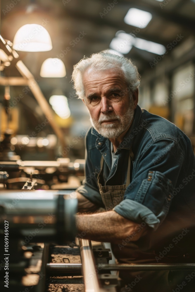 Poster middle-aged machine operator in industrial workshop using precision cutting tool for metalwork