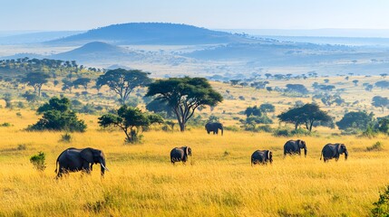 Obraz premium A vast savannah with golden grasses, acacia trees, and wildlife including elephants.