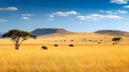 Obraz premium A vast savannah with golden grasses, acacia trees, and wildlife including elephants.
