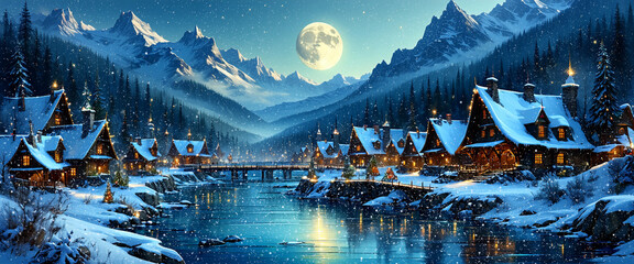 Schneefall in einer sibirischen Winterlandschaft: Ein Dorf aus der Vergangenheit an einem Fluss, aus den H&auml;usern dringt warmes Licht in die weihnachtliche Landschaft.