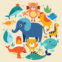 set of animals fish elephant