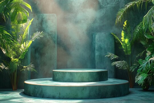 Tropical Green Background with Podium for Product Display