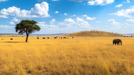 Obraz premium A vast savannah with golden grasses, acacia trees, and wildlife including elephants.